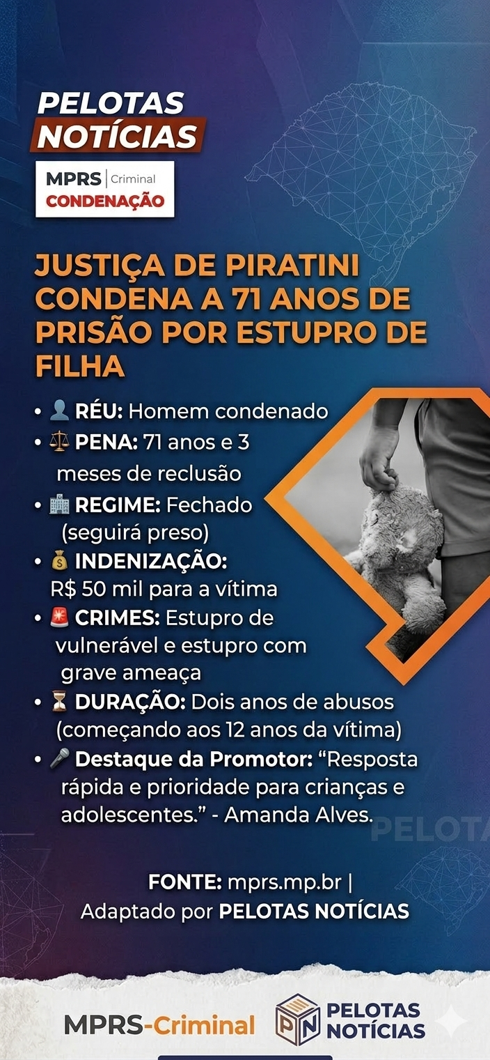 Justiça de Piratini condena homem a mais de 71 anos de prisão por estupro contra a própria filha